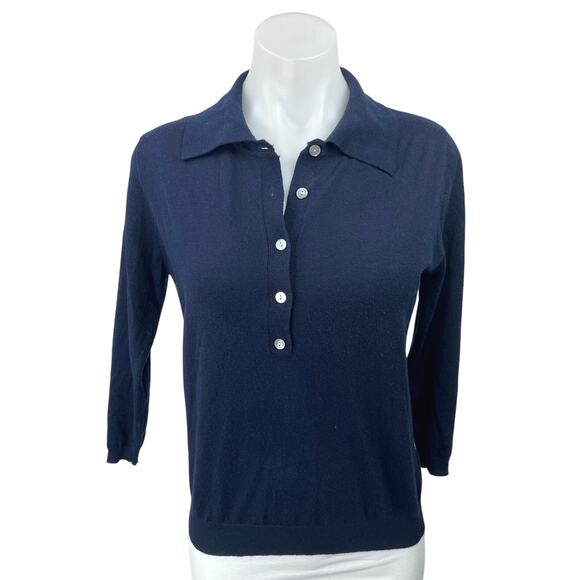 Zara Women's Blue Wool 3/4 Sleeve Button Front Collar Polo Sweater Shirt Top M - Picture 1 of 4